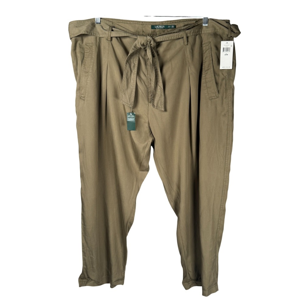 NWT Lauren Ralph Lauren Womens Olive Green Belted Pleated Casual Pants Size 22W‎